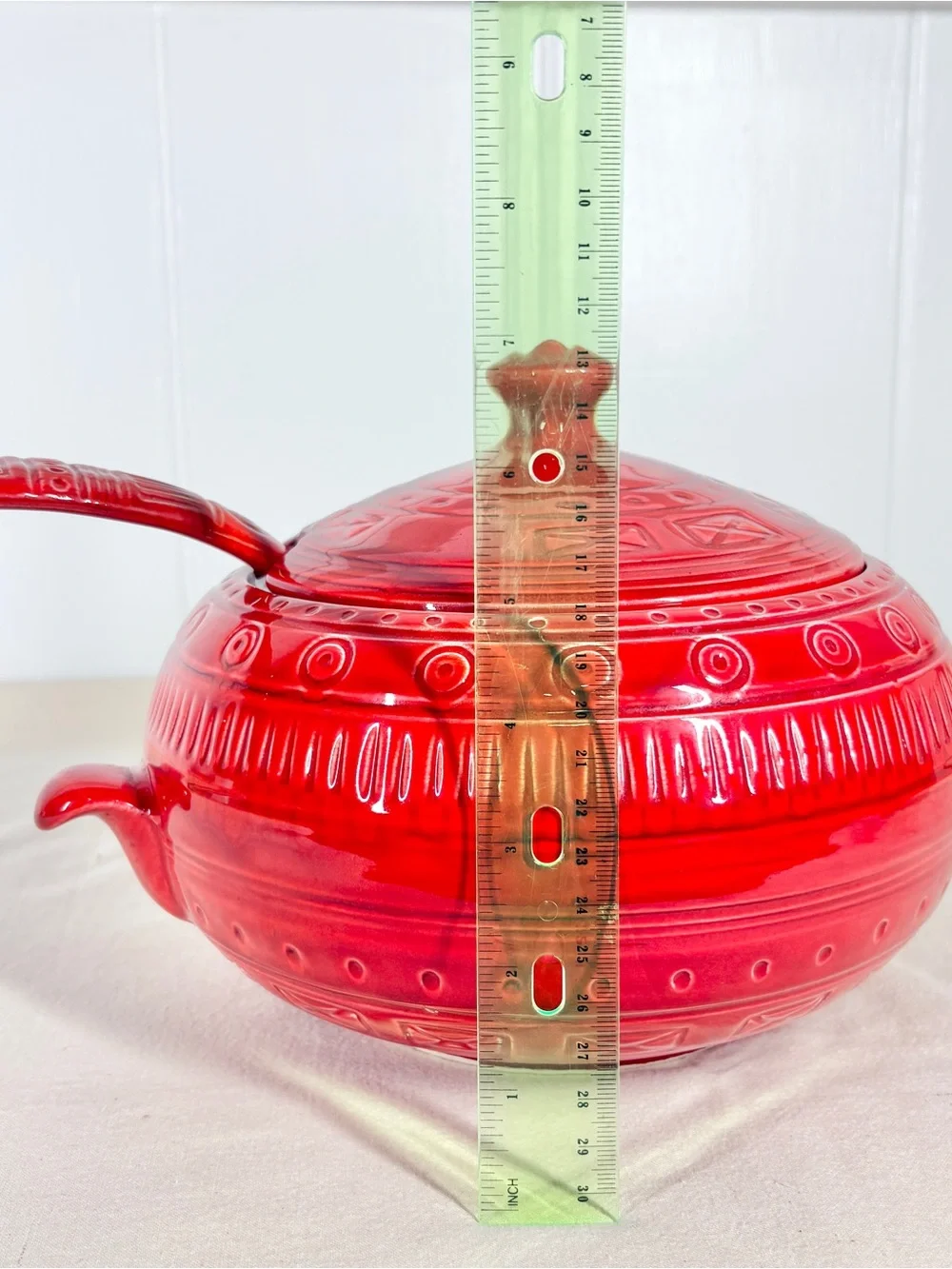 Vintage California Pottery Soup Ceramic Tureen with Ladle B655 Red Orange